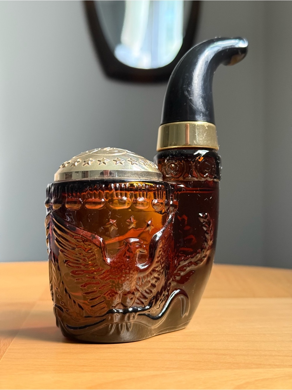 Vintage c1970s Amber Glass American Stars Eagle Smoking Pipe Full Bottle by AVON